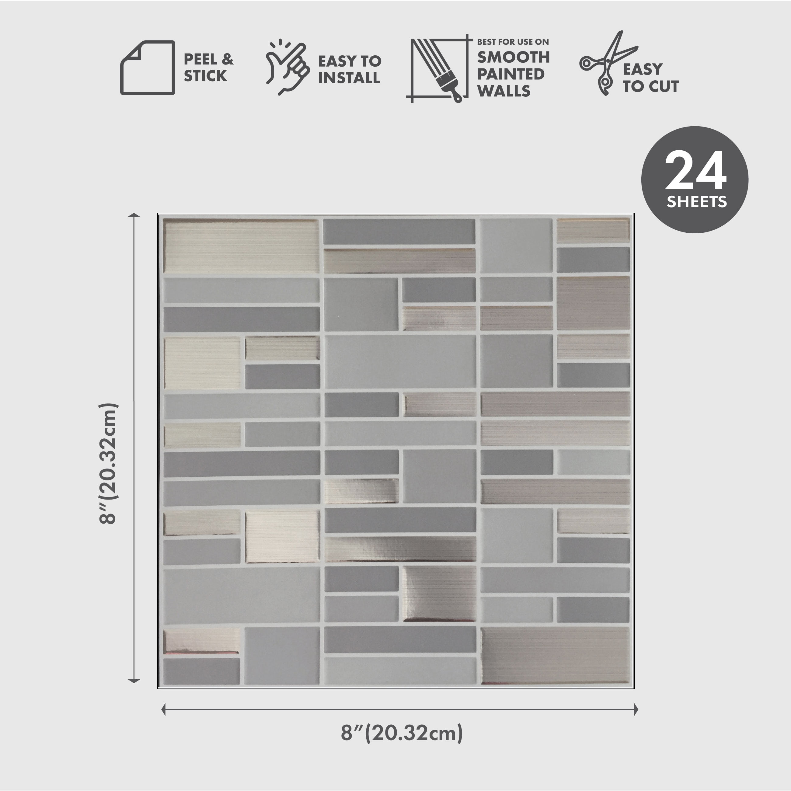 Main Street Peel & Stick Wallpaper Tiles, Silver and Gray, 8 in x 8 in, 24 Pack, Self Adhesive Wall Tiles for Kitchen Backsplash and Home Decor