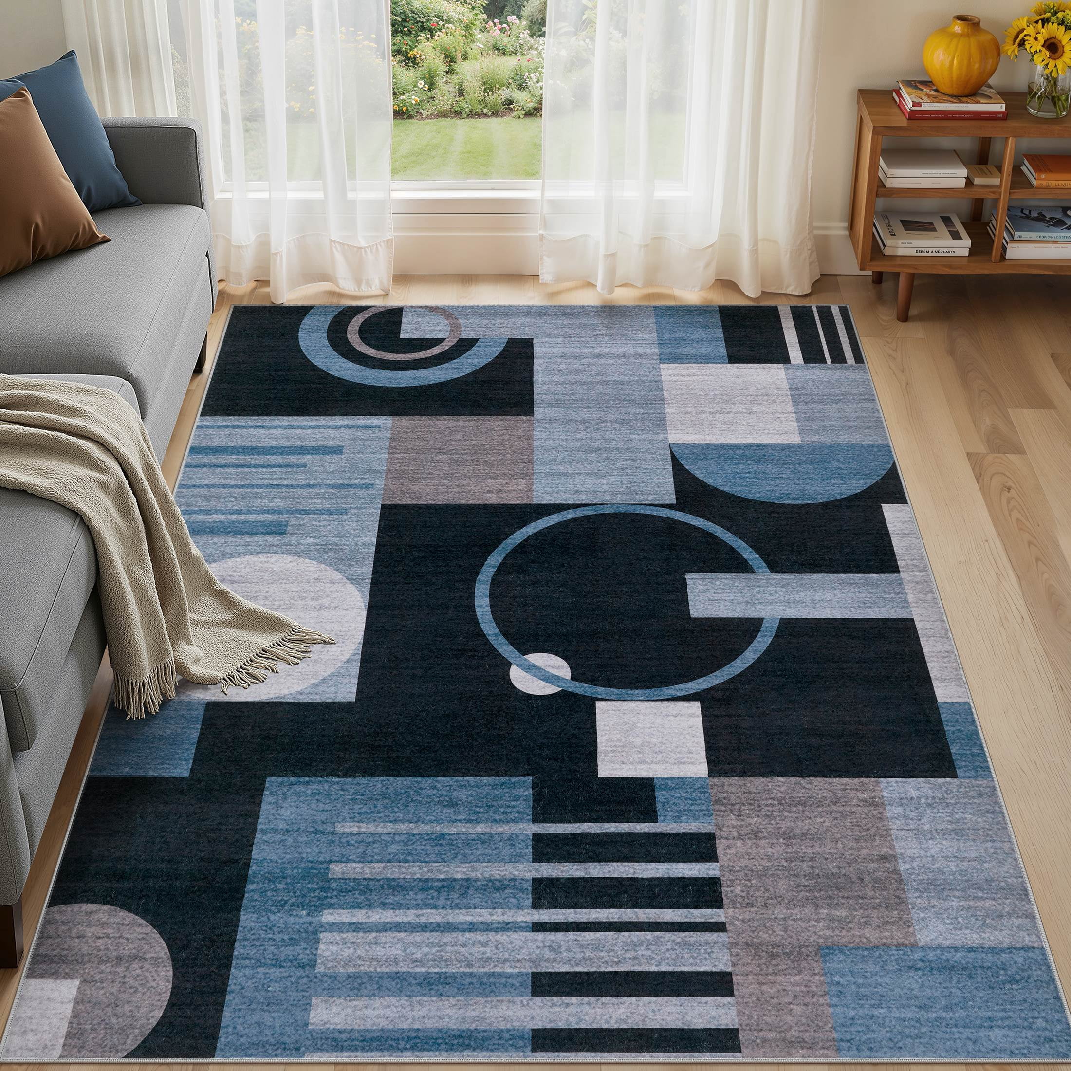 MICGEEK 5x7 Washable Area Rugs for Living Room, Modern Geometric Printed Rug, Vacuum-Friendly, Non Slip Indoor Rug for Bedroom Dining Room Home Decor Carpet, Charcoal Blue