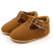 Baby Girls Hard-Sole Brown Suede Scalloped Mary Jane Shoes T-Strap 6-12M Size 2