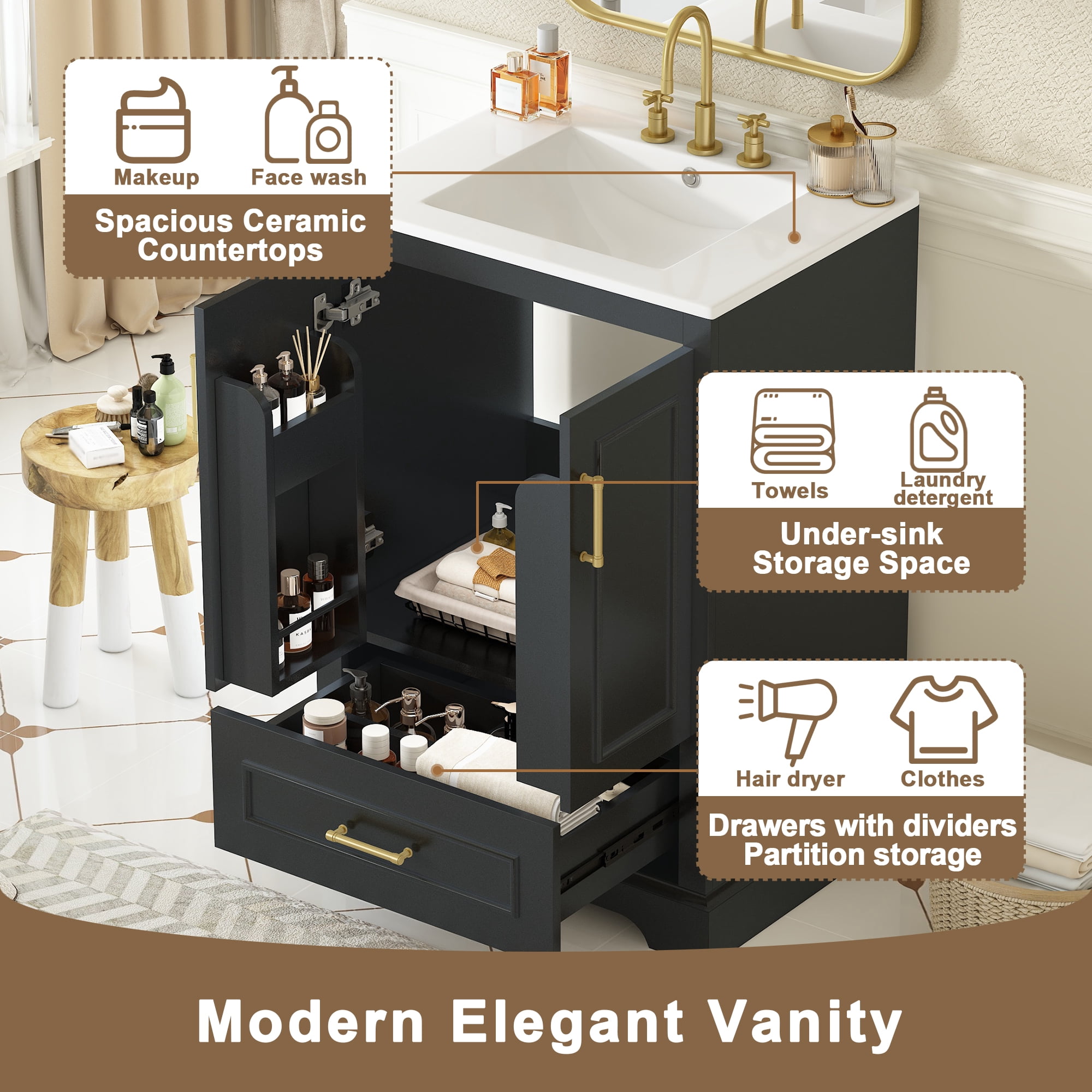 Euroco 24"Bathroom Vanity with Sink, MDF Cabinet with Solid Wood Frame, 1 Divided Drawer and 2 Soft Close Doors with Dual Door Storage Racks, Freestanding Vanity