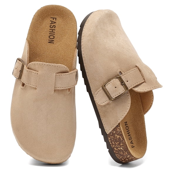 Lezzglt Kids Suede Clogs with Cork Footbed,Boys Girls Sandals, Adjustable Buckle Slip-On Slippers, Arch Support Mules for Indoor Outdoor