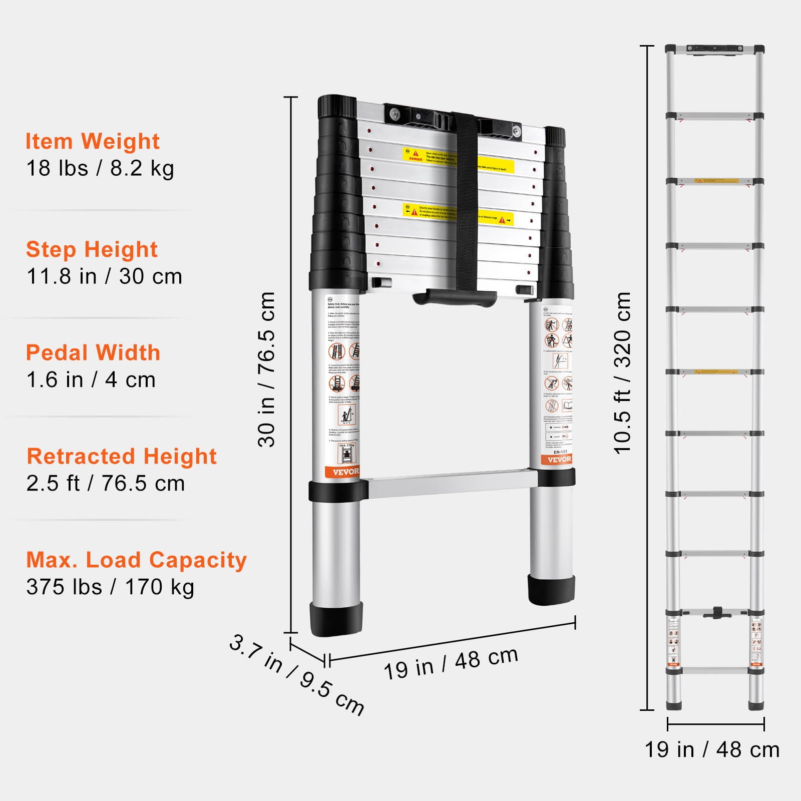 VEVOR Telescoping Ladder, 10.5 FT Aluminum One-button Retraction Collapsible Extension Ladder, 375 LBS Capacity with Non-slip Feet, Portable Multi-purpose Compact Ladder for Home, RV, Loft, ANSI
