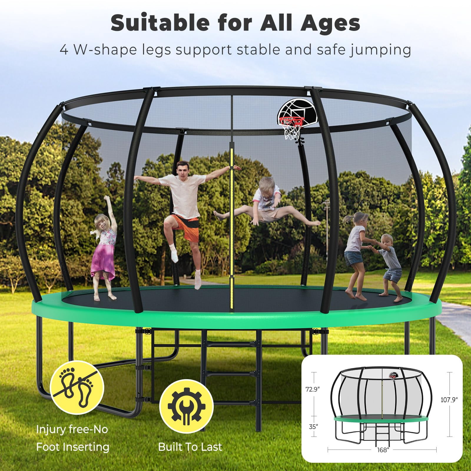 JOYFULIN Trampoline, 14FT Trampoline for 2-3 Adults or 5-6 Kids, 1400LBS Trampoline with Enclosure, Basketball Hoop, Shoes Bags, Galvanized Full Spray Outdoor Recreational Round Trampolines