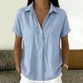 thumbnail image 6 of Linen Tops for Women Summer Gauze Shirts Button Down Short Sleeve V Neck Blouses Dressy Casual Tunic Clothes Light Blue S, 6 of 8