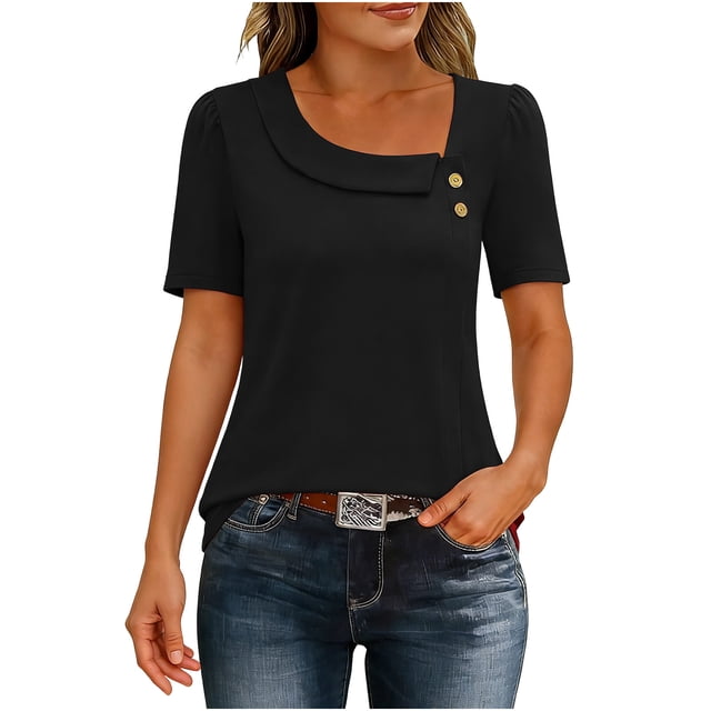 Tops de Mujer Casual Color Sólido Manga Corta Botón, Blusa Elegante para Primavera Verano Diario