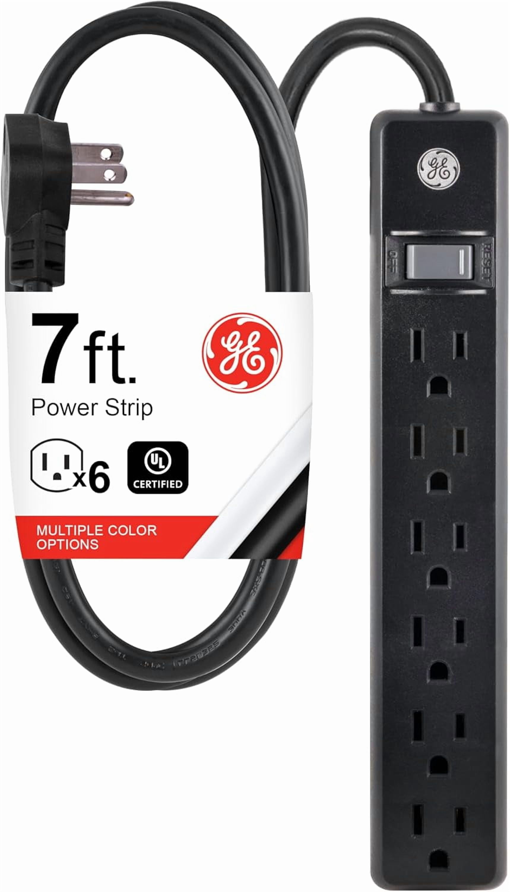 RGHJAR-GE 6-Outlet Power Strip, 7 Ft Power Cord, Flat Plug, 3 Prong Outlet, UL Listed, Black