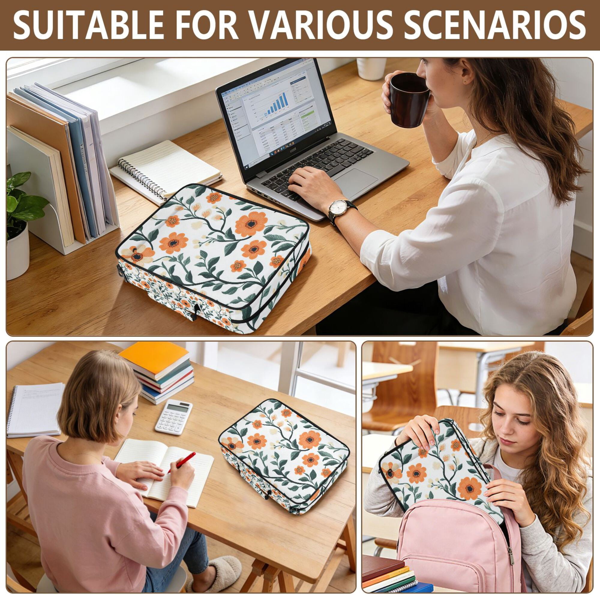 FORMRS Accordion File Folder A4 Size 7-Pocket Expanding Document Organizer Bag with 3 Ring Binder, Flowers Pattern