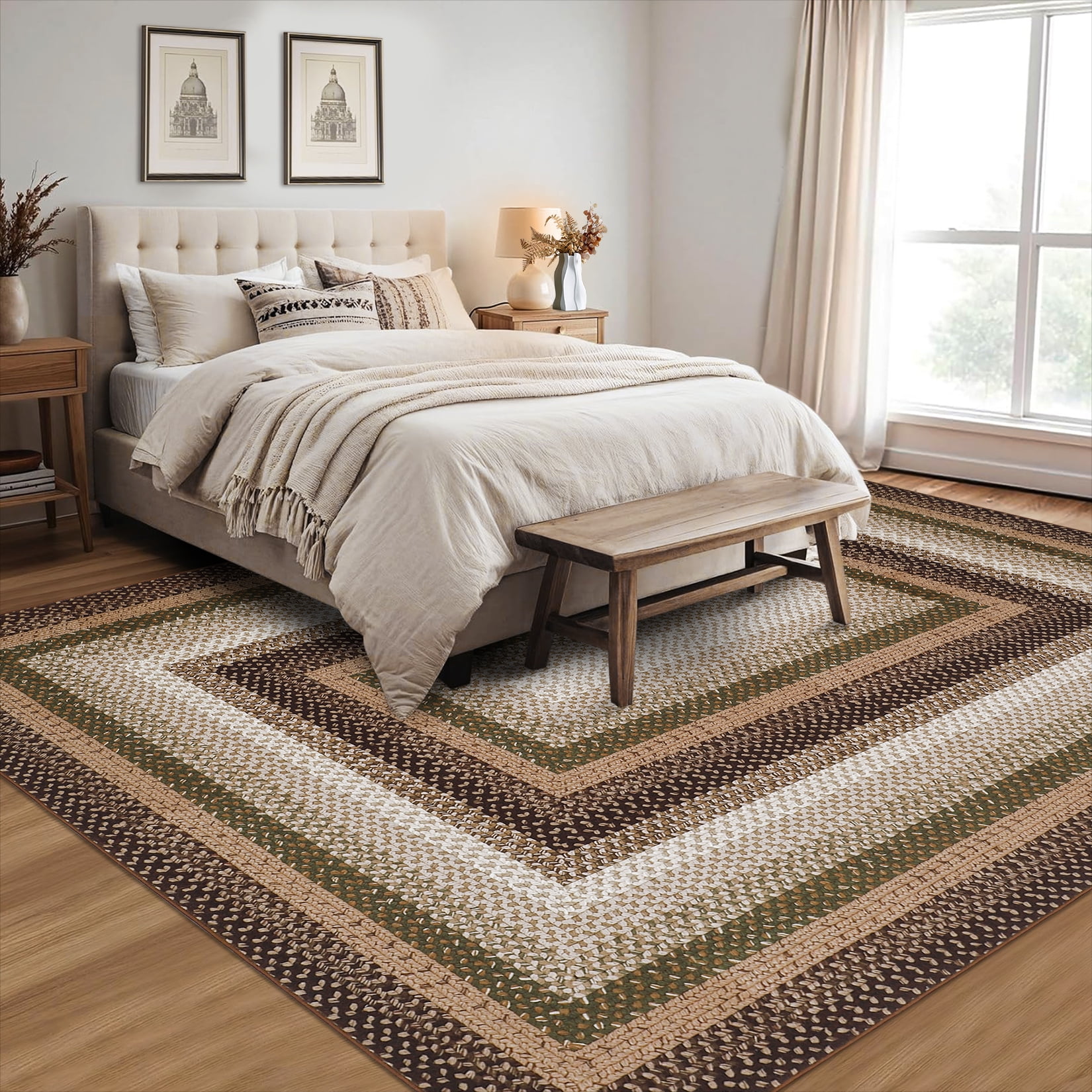 Garvee Modern Washable Braided Print Rugs, 8'x10' Non Slip Farmhouse Floor Carpet Boho Geometric Area Rug for Living Room Bedroom, Brown and Green