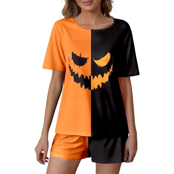 Likimi Halloween Pajamas For Women Set Crew Neck Hallowmas Graphic Print Short Sleeve Pjs Tops With Shorts Everyday Wear Fashion Sleepwear Orange Size L