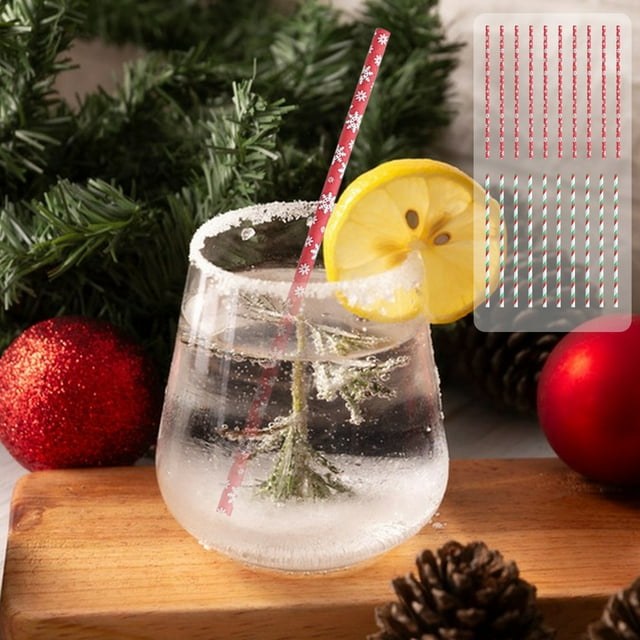 Paquete de 10 Pajitas de Papel a Rayas con Copos de Nieve Navideños | Artículos de Fiesta Ecológicos Multicolor | 19,5 Cm de Largo