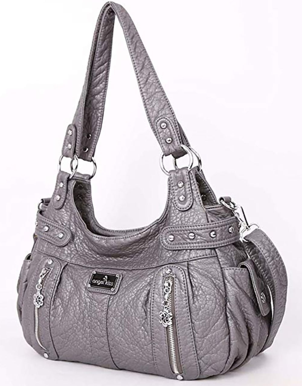 Zzfab - Double Compartments Washed Leather Purse Soft Leather Shoulder Bag Crossbody Bag Grey ...