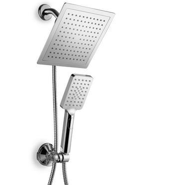 Shower Holder G-Promise All Metal 8 Inch Dual Square With Handheld Spray Combo, Rain , Adjustable Extension Arm, 3-Way Diverter, 71 Inch Extra Long Hose - A Bathroom Upgrade (Polished Brass Shower Head