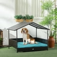 thumbnail image 2 of PawHut Rattan Dog House Outdoor with Shade Canopy, Cushion, Blue, 2 of 10