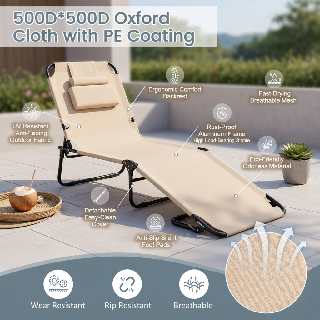 Hommoo Portable Folding Face-Down Tanning Chair with Adjustable Backrest, 3 Removable Pillows & Face Hole, Beige