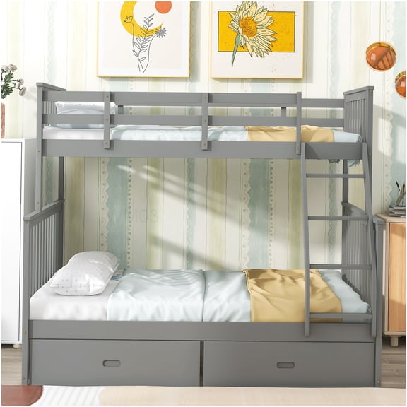 CHAMPFLAG Space Saving Bunk Bed with Drawers, Twin on Top Full Bottom Bunk Bed Frame with Ladder