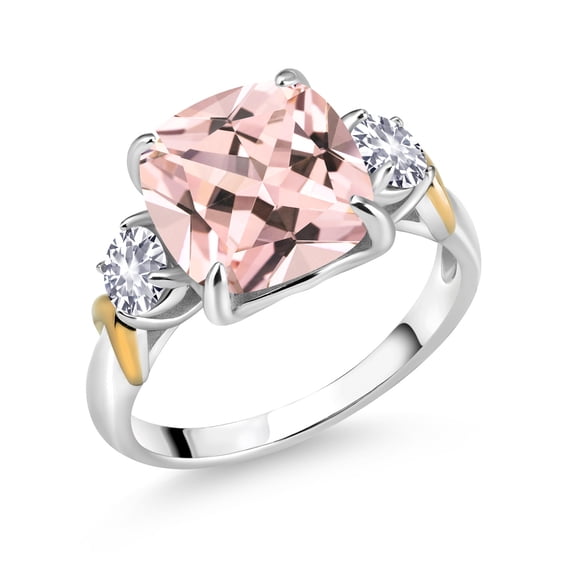 Gem Stone King 4.82 Cttw Peach Nano Morganite and White Created Sapphire 3 Stone Ring for Women | 925 Silver and 10K Yellow Gold | Gemstone Birthstone | Cushion 10MM | Round 4MM | Size 5, 6, 7, 8, 9