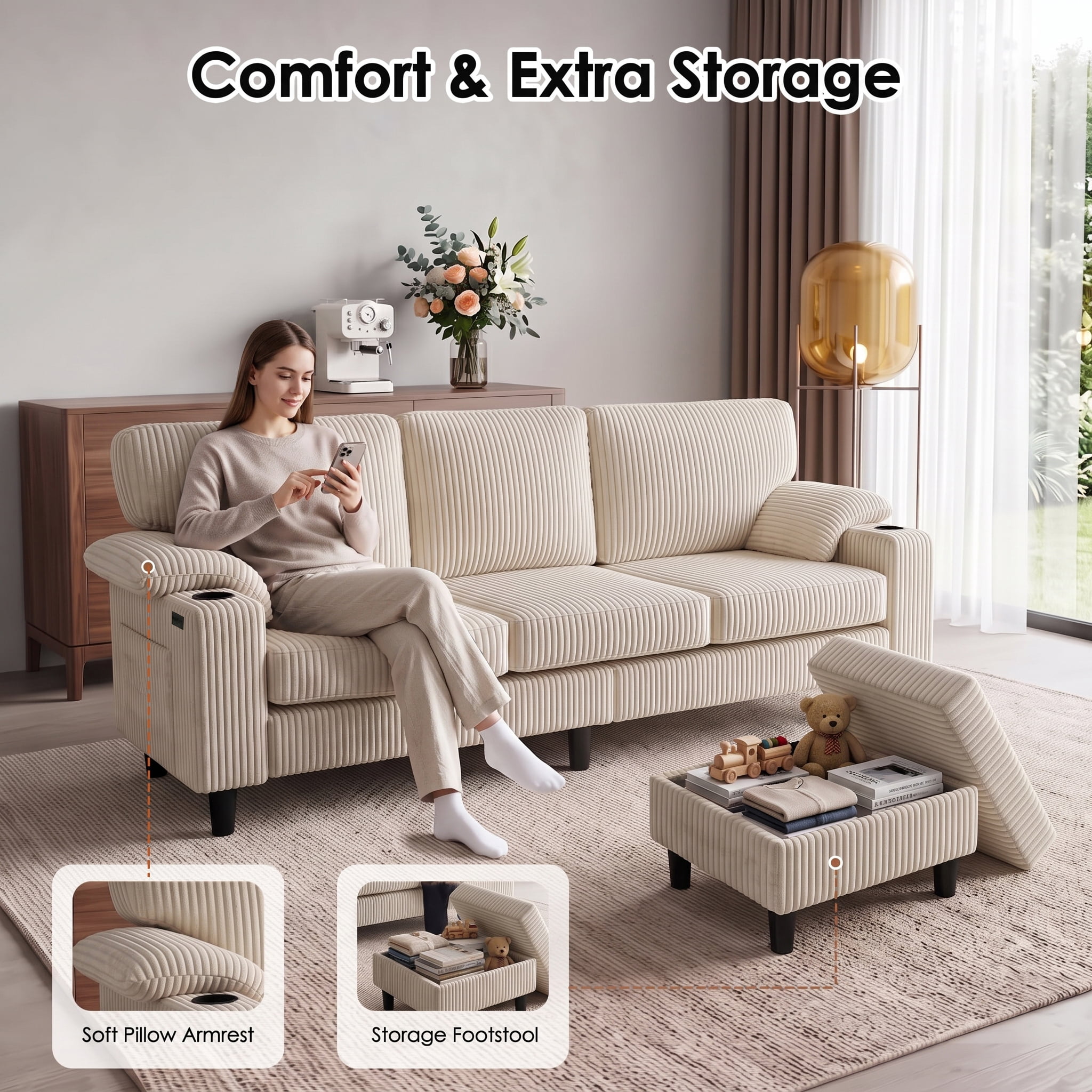 Anpport 80" L‑Shaped Corduroy Sectional Sofa, 3‑Seater Couch with Storage Ottoman, USB Port & Cup Holders for Small Spaces, Beige