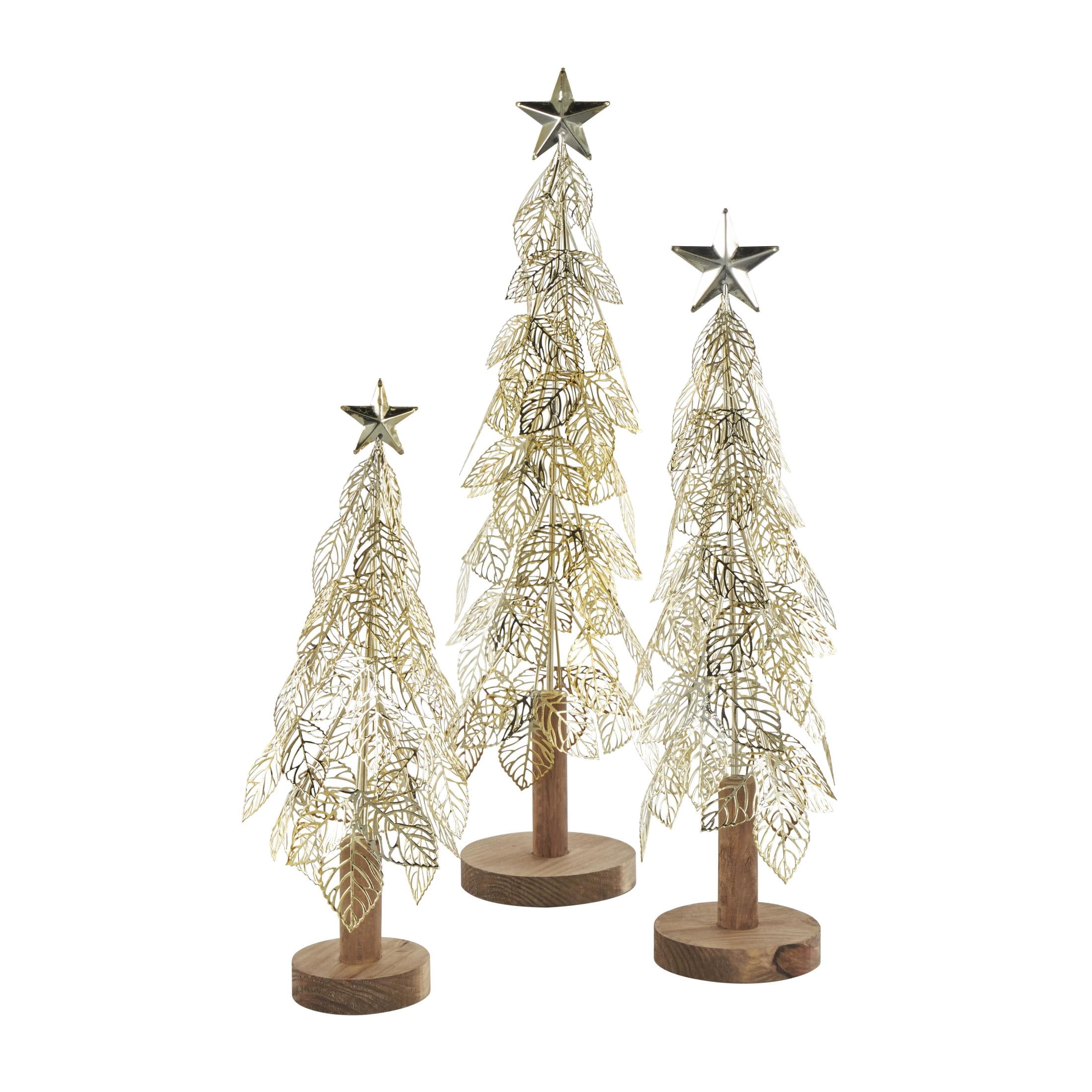 22", 18", 14"H Gold Metal Holiday Cutout Leaf Tree Christmas Sculpture with Wooden Base and Star Topper, by DecMode (3 Count)