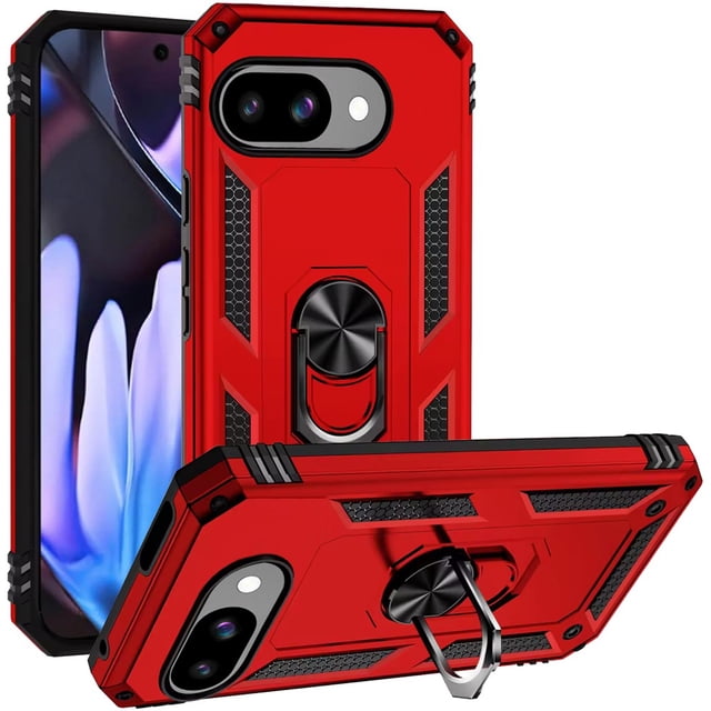 TJS for Google Pixel 9A Phone Case, Impact Resistant Hybrid Metal Ring Magnetic Support Kickstand Cover (Red)