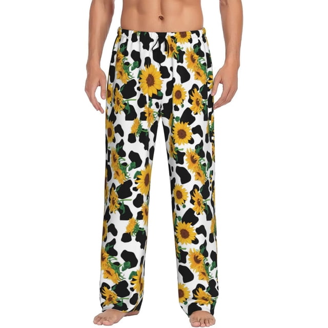 Fotbe Cute Cow Print Sunflower A Pantalones de Pijama para Hombre, Pantalones de Dormir, Pantalones de Casa con Cintura Ajustable y Bolsillos-X-Large