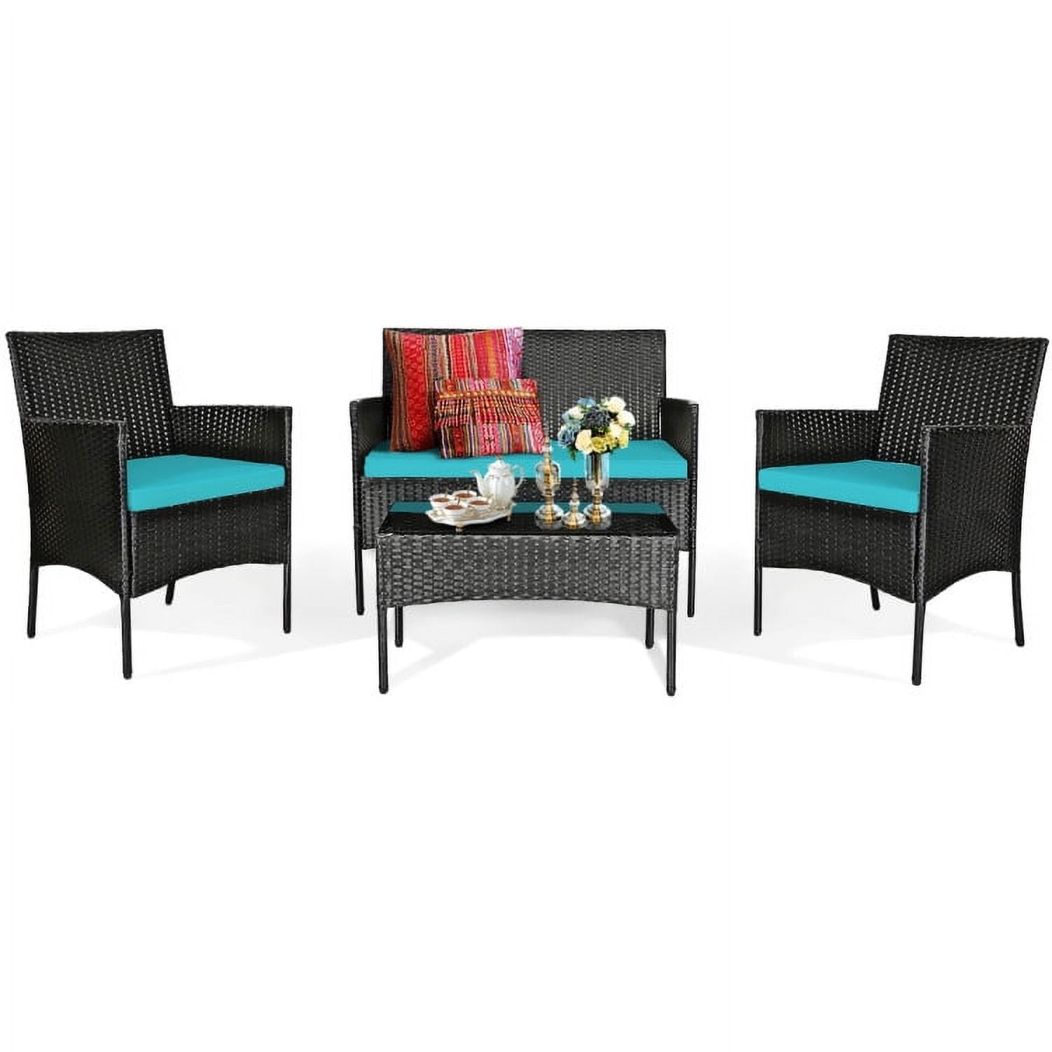 Aimee Lii 4 Pcs Patio Wicker Furniture Set, Cushioned Sofa Furniture, Small Patio Set, Turquoise Aimee Lii 4 Pcs Patio Wicker Furniture Set, Cushioned Sofa Furniture, Small Patio Set, Turquoise