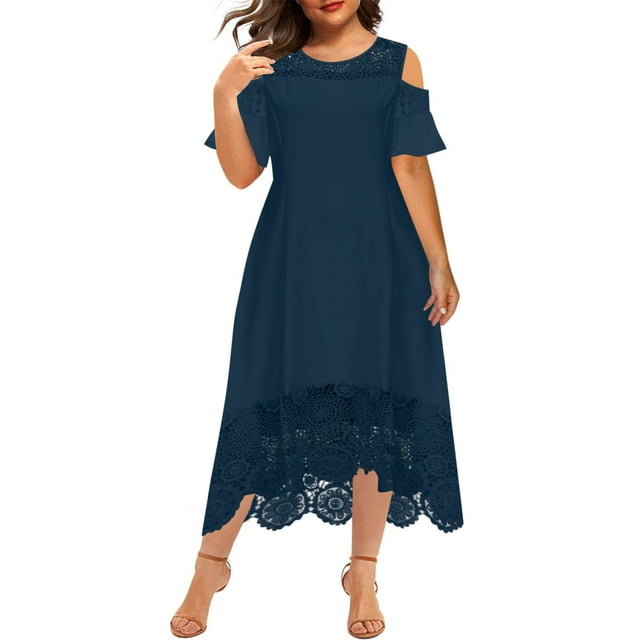 FAVIPT Robe d'Été pour Femmes Décontractée Grande Taille Coupe Ample Robe en Dentelle Manches Courtes Col Rond Robe Patchwork à Volants Élégante 2025 Marine,TTG