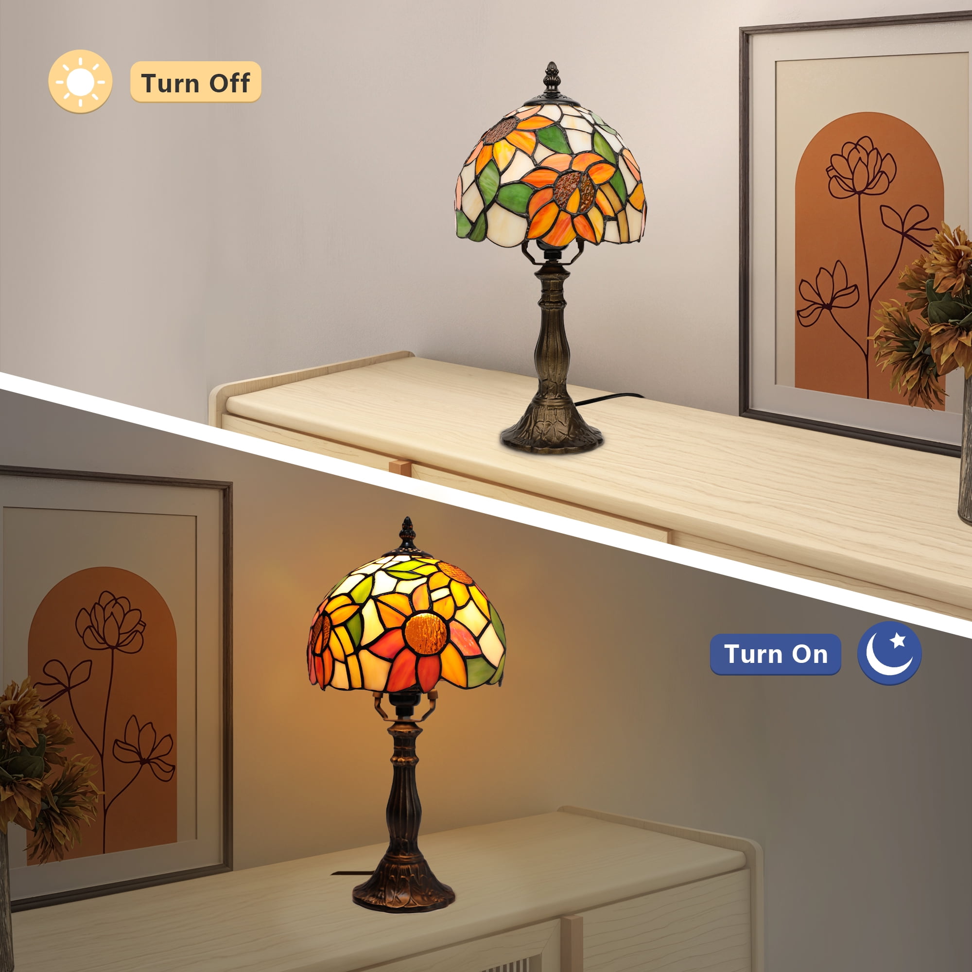 MEHOOM Sunflower Tiffany Style Table Lamps for Bedroom, Stained Glass Shade, LED 3-Color Dimmable with Auto Timer, Table Lamps for Living Room