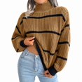 thumbnail image 2 of Womens Mock Neck Striped Chunky Knitted Sweater Winter Long Sleeve Pullover Sweaters Tops Khaki S, 2 of 9