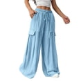 thumbnail image 4 of Women's Wave Textured Wide Leg Cargo Pants, Trendy Design Lightweight Drawstring Elastic Waist Full Length Casual Trousers with Pockets for Office Daily Travel | TruBelle,Light Blue M, 4 of 7