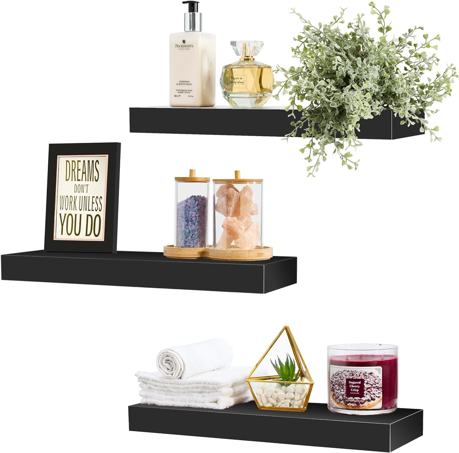 Sorbus 16.25" Black Floating Shelves (Set of 3) – Wall Storage for Décor, Frames, Trophies