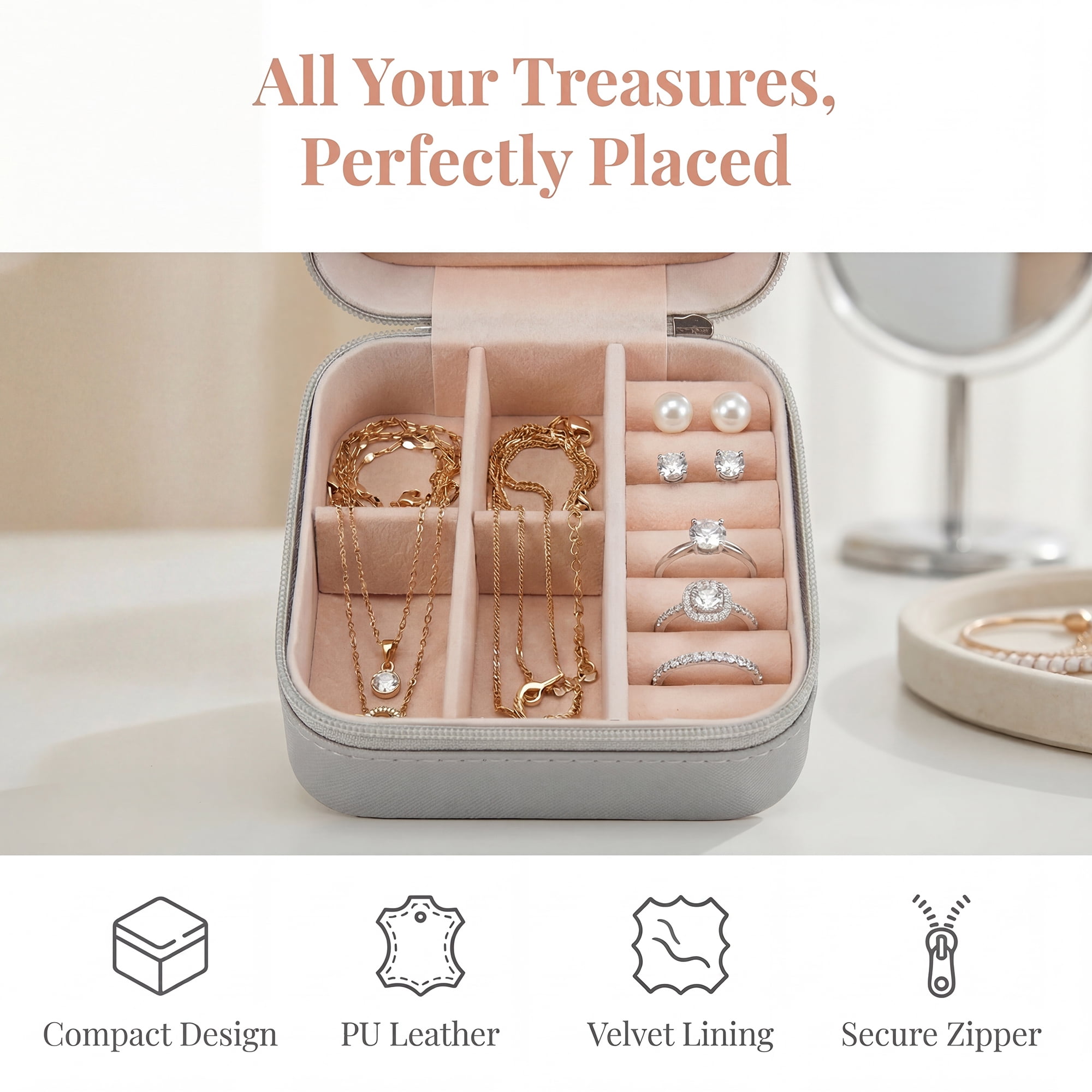 Travel Jewelry Box Mini Portable PU Leather Organizer for Women and Girls Gifts Gray