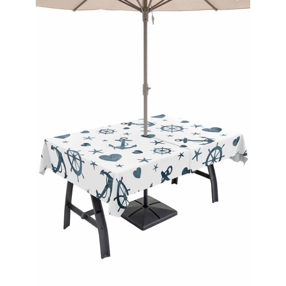 Outdoor Tablecloth with Umbrella Hole for Patio/Picnic/Party/Camping, Coastal Nautical Waterproof Table Cloth Rectangle Table Cover Washable, Ocean Modern Blue Anchor Love Heart (60"x 102")
