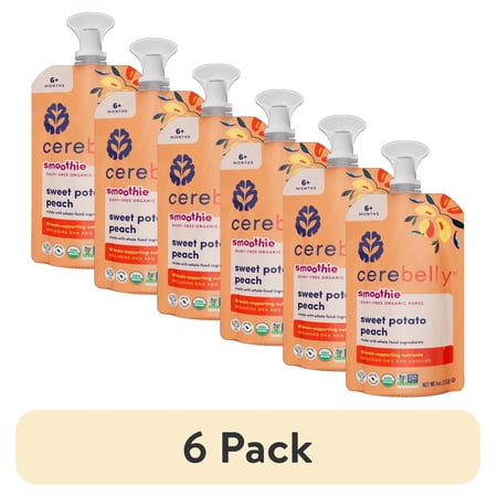 (6 pack) Cerebelly Organic Stage 2 Sweet Potato Peach Smoothie Baby Food, 4 oz Pouch