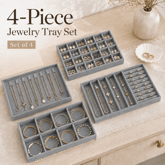 VALUNE Grey Velvet 4-Layer Stackable Jewelry Tray with Removable Dividers, Jewelry Organizer for Dresser and Vanity