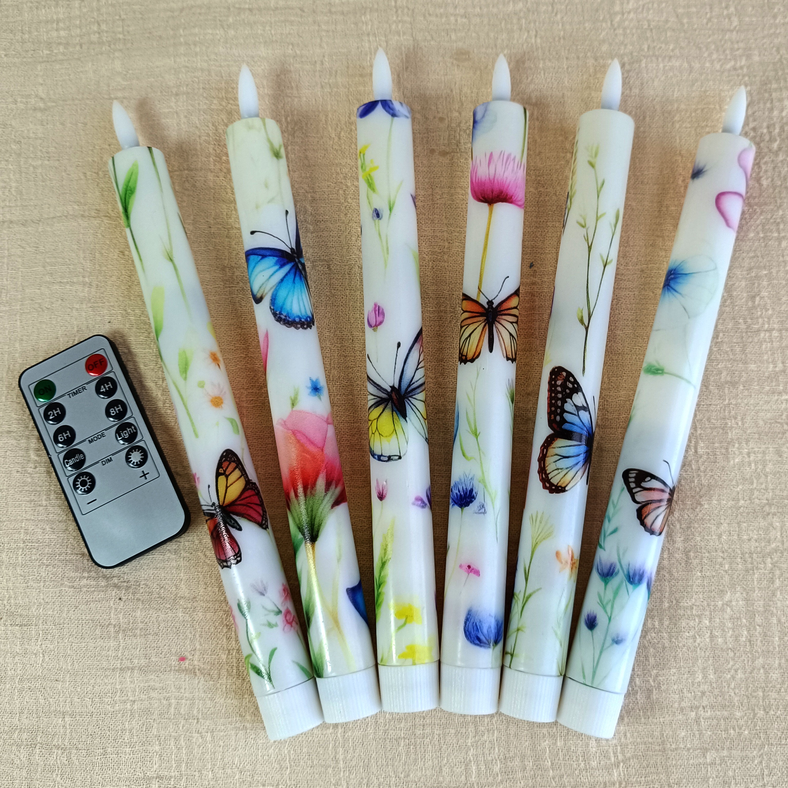 6PCS Printed Flameless Taper Candles, 10 Inch LED Candlesticks Battery Operated with 11-Key Remote, 3D Flickering Flame Lights for Wedding Party Home Decor Gifts