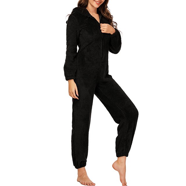 Pijama de forro polar para mujer, con capucha, peludo, cálido, mono, mono, ropa de dormir Irfora Negro/3X-grande