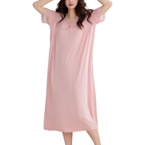 SWSMCLT Women's Short Sleeve Nightgown Spring Lace Fall Falbala Crew Neck Bow Loungewear Summer Pjs Modal Style6 Small