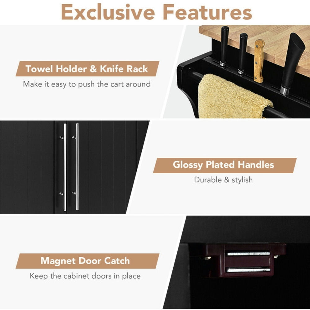 Finihen Rolling Storage Cabinet Cart, Kitchen Island Cart, Kitchen Island Trolley Wood Top Rolling Storage Cabinet Cart with Knife Block, for Kitchen, Dining Room, Black Finihen Rolling Storage Cabinet Cart, Kitchen Island Cart, Kitchen Island Trolley Wood Top Rolling Storage Cabinet Cart with Knife Block, for Kitchen, Dining Room, Black