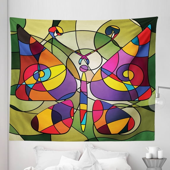 Colorful Tapestry, Butterfly Wings Consisting of Twisted Lines Modern Abstract Design, Fabric Wall Hanging Decor for Bedroom Living Room Dorm, 5 Sizes, Multicolor, by Ambesonne
