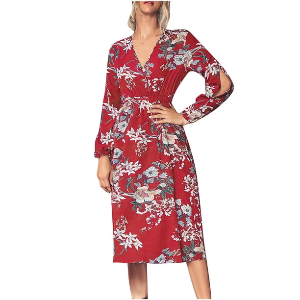 Vestido ajustado de manga larga con estampado de cuello en V informal para mujer a la moda Pompotops hdfakjf6906