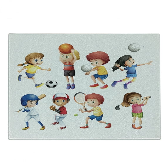 Sports Cutting Board, Playing Soccer Baseball Basketball Volleyball Golf Tennis Hobby Theme, Decorative Tempered Glass Cutting and Serving Board, Small Size, Multicolor, by Ambesonne