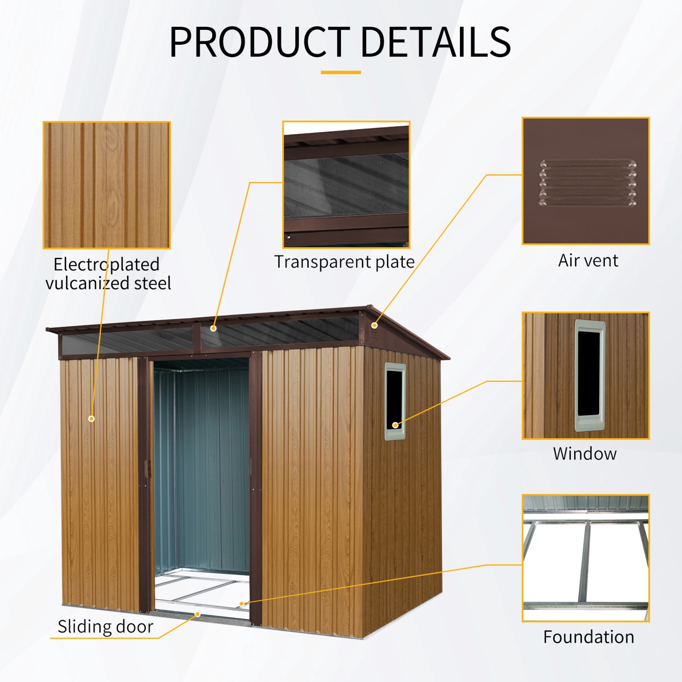Noble House 8x6 FT Outdoor Metal Storage Shed with Window & Transparent Plate, Galvanized Steel Garden Utility Room, Coffee