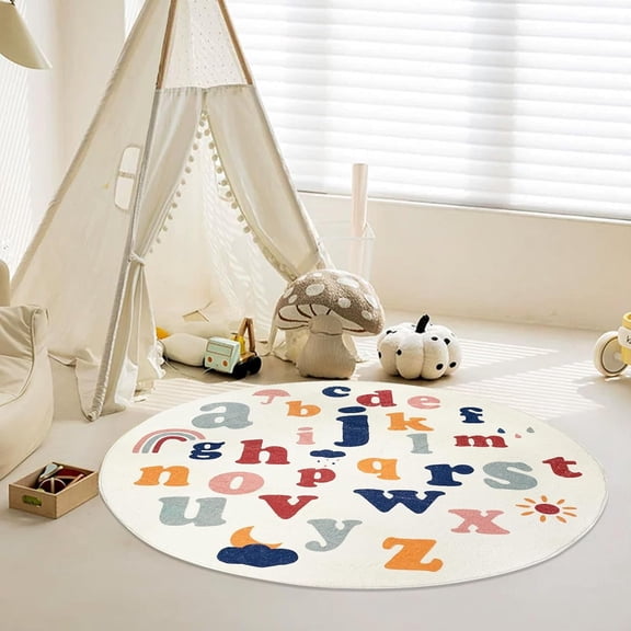 Round Kids Play Mat 4ft,Fluffy Faux Wool Kids Rug Non-Slip Childrens Carpet ABC Number Educational Learning & Game for Living Room Bedroom Playroom Nursery