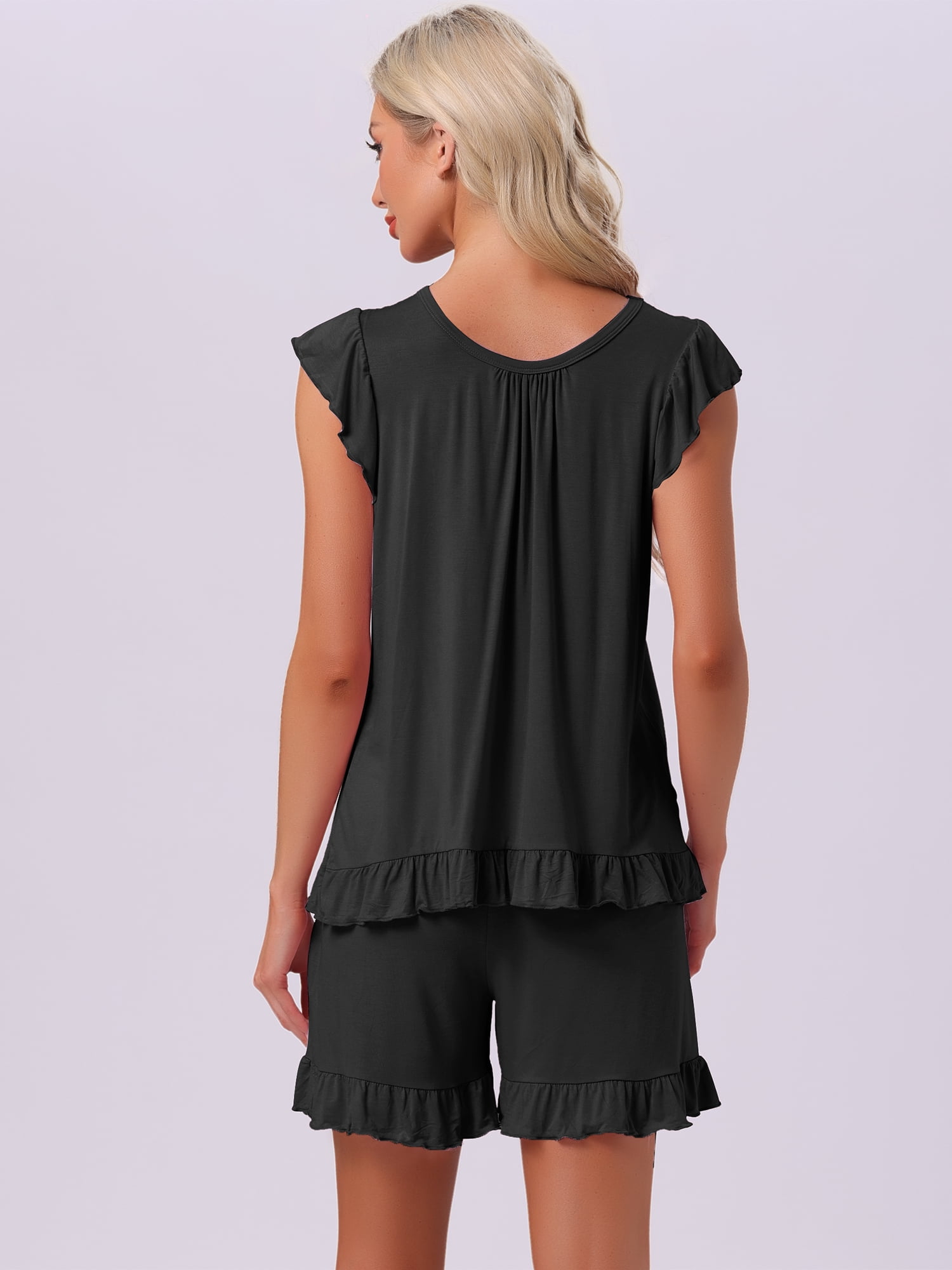 DARING DIVA Ruffle Trim Cap Sleeve Lounge Tops Shorts Pajama Sets XL Black