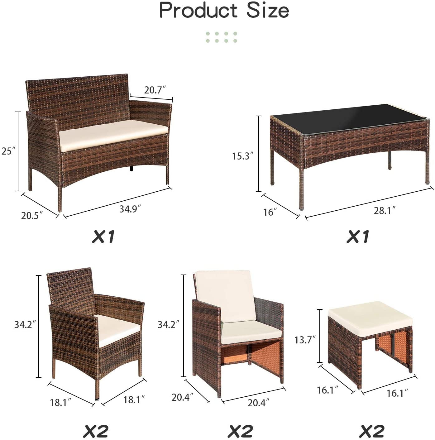 Vineego 8 Pieces Patio Furniture Set Outdoor All Weather Cushioned Wicker Chairs with Ottoman and Glass Table(Beige)