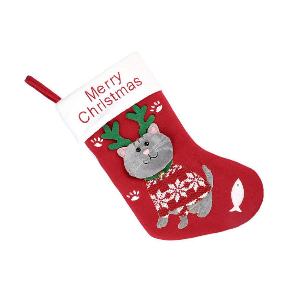 Cute Cartoon Dog/Cat Pattern Hanging Stockings Candy Gift Bag Christmas Stocking Small Gift Stocking Holder Perfect for Christmas Tree Fireplace Decoration