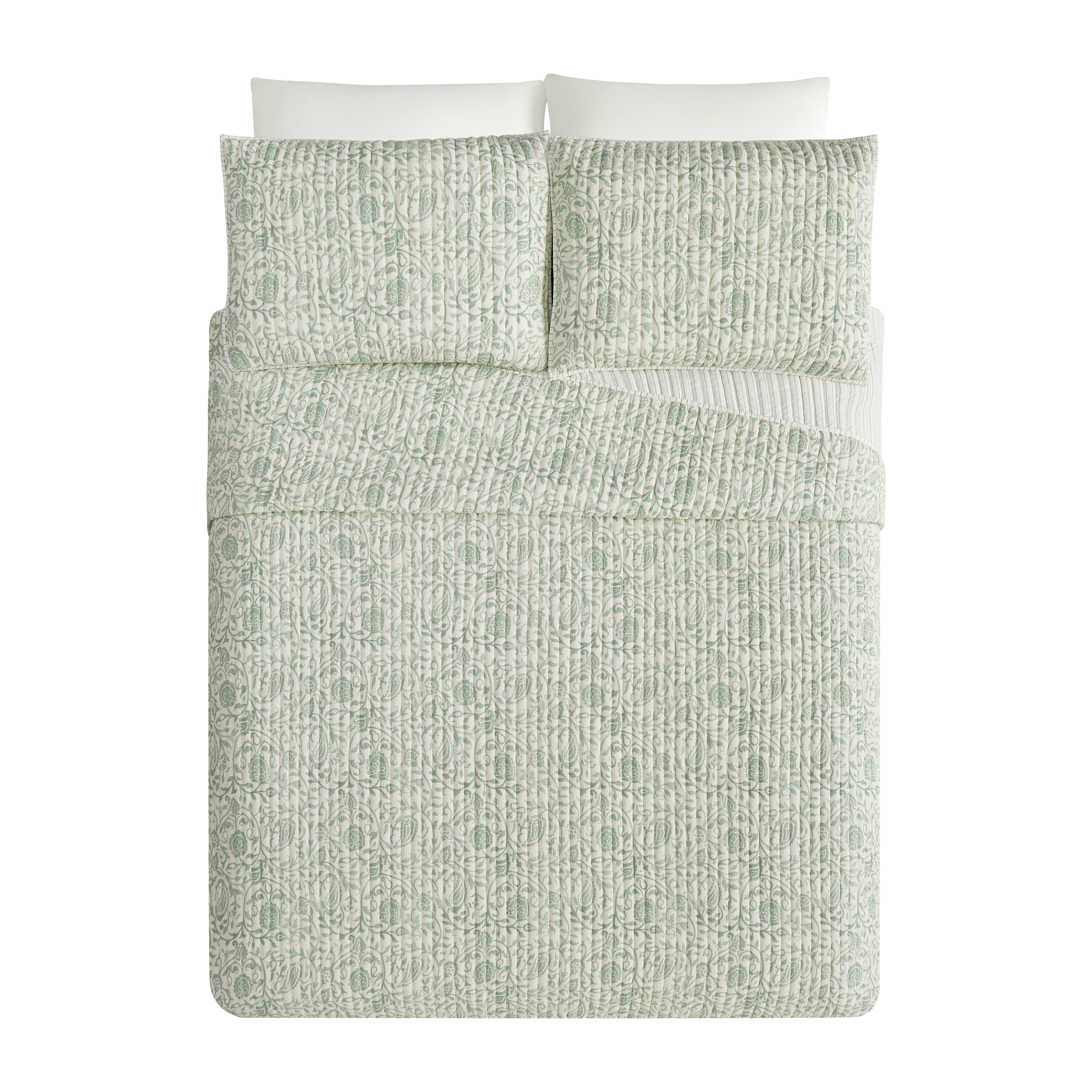 Eden Paisley Gauze 3-Piece Reversible Quilt Set, King, Green