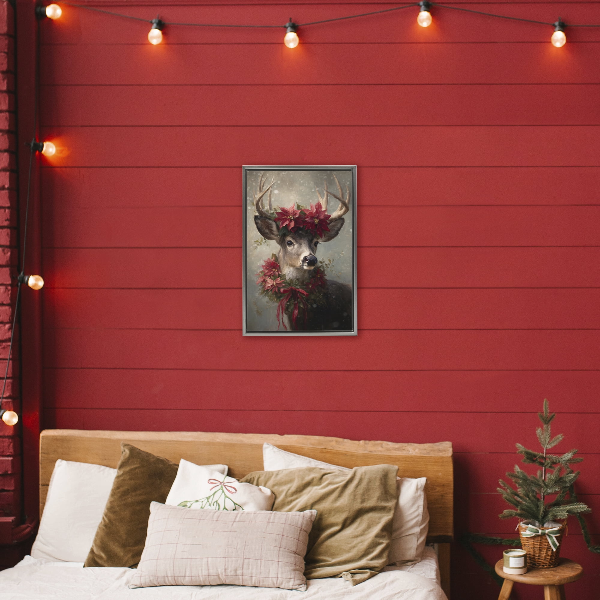Stupell Industries Poinsettia Christmas Deer Gray Framed Floater Canvas Wall Art, design by Tina LeCour