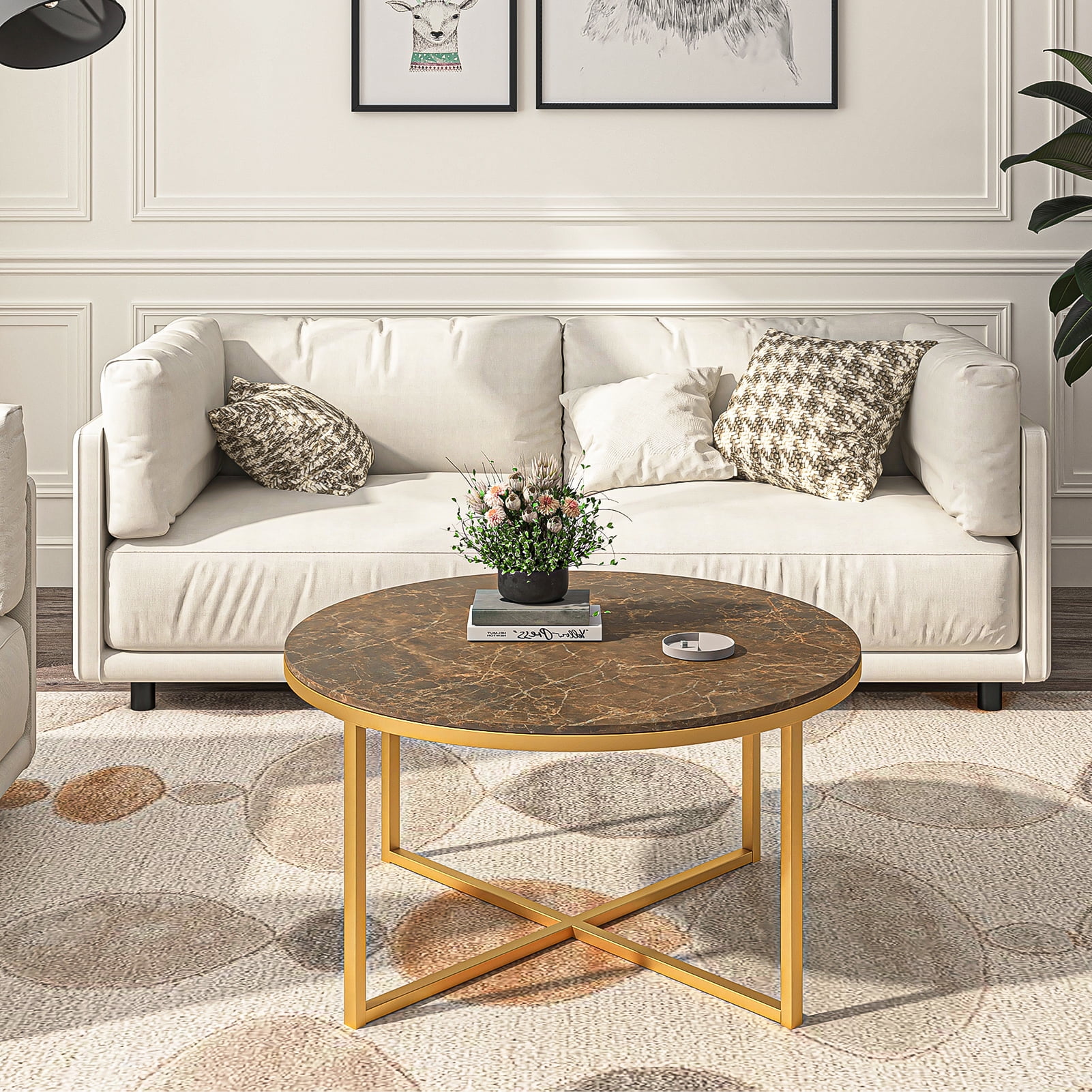 Kadyn Cross Legs MDF Coffee Table, Modern Metal Tea Table with Metal Base, Round Sofa Center Table Cocktail Table for Living Room, Golden Kadyn Cross Legs MDF Coffee Table, Modern Metal Tea Table with Metal Base, Round Sofa Center Table Cocktail Table for Living Room, Golden