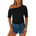 thumbnail image 5 of ZHYou Off Shoulder Oversized Tshirts for Women Short Sleeve Basic Tee Casual Summer Pullover Lightweight Tops Black M, 5 of 6